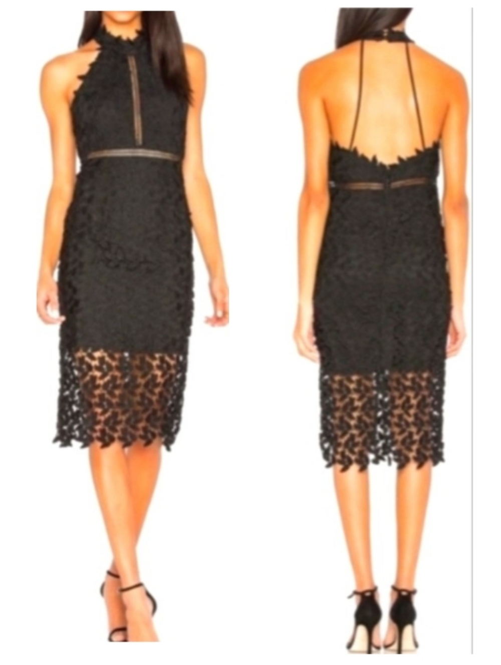 💥SALE💥 Bardot Revolve Anthro Black Prom Dress Leaf Lace Halter Neck Midi 6 (S)